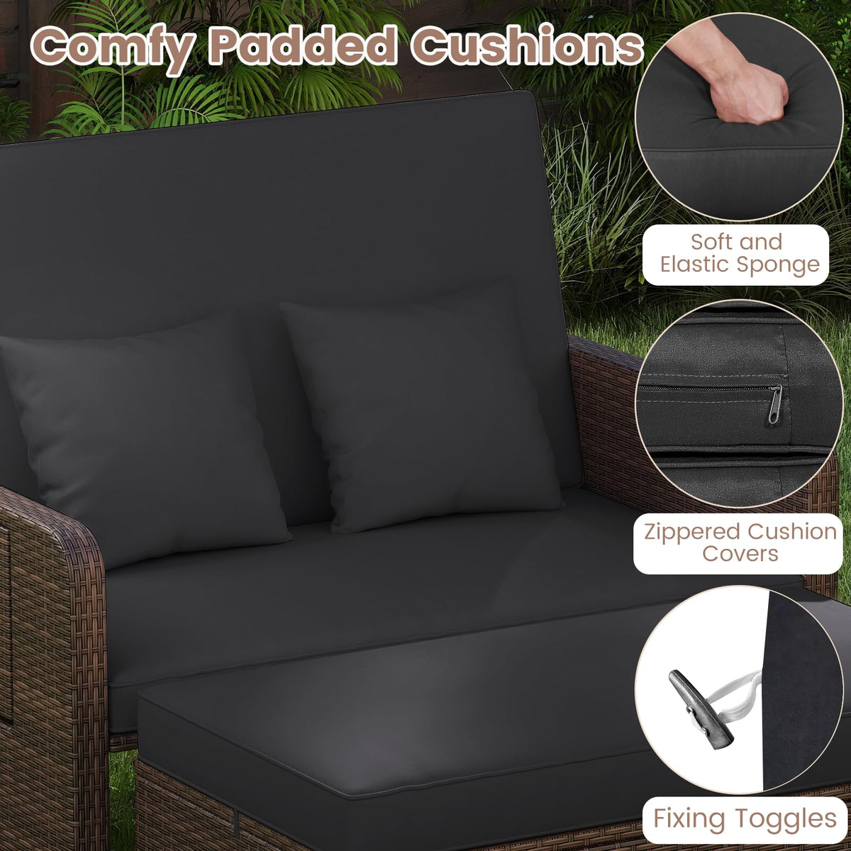 Patio Rattan Daybed, 2-Piece Loveseat & Storage Ottoman Set