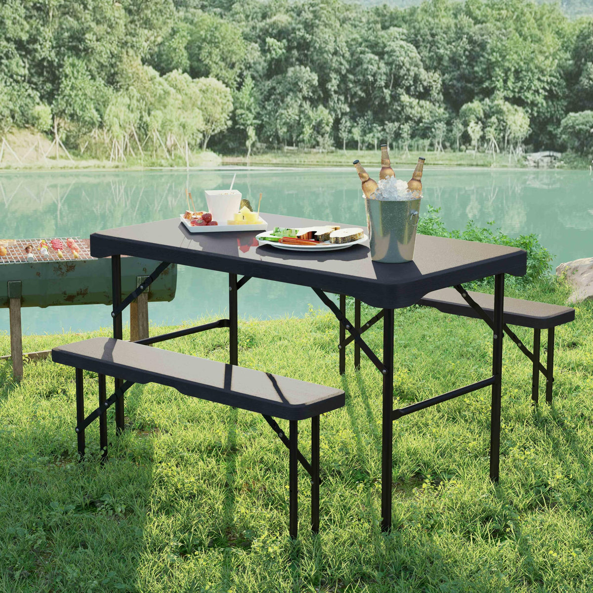 Outdoor Table Bench Set, Folding Picnic Table Set w/ 2 Benches, All-Weather HDPE Tabletop