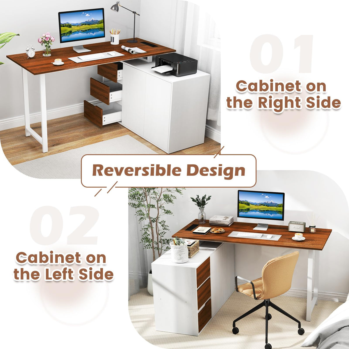 Giantex L-Shaped Desk with File Cabinet & Power Outlet, 138 cm Reversible Corner Computer Desk with 3 Drawers