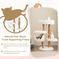 87 CM Tall Wooden Cat Tree, Solid Wood Cat Tower with Jute Scratching Posts