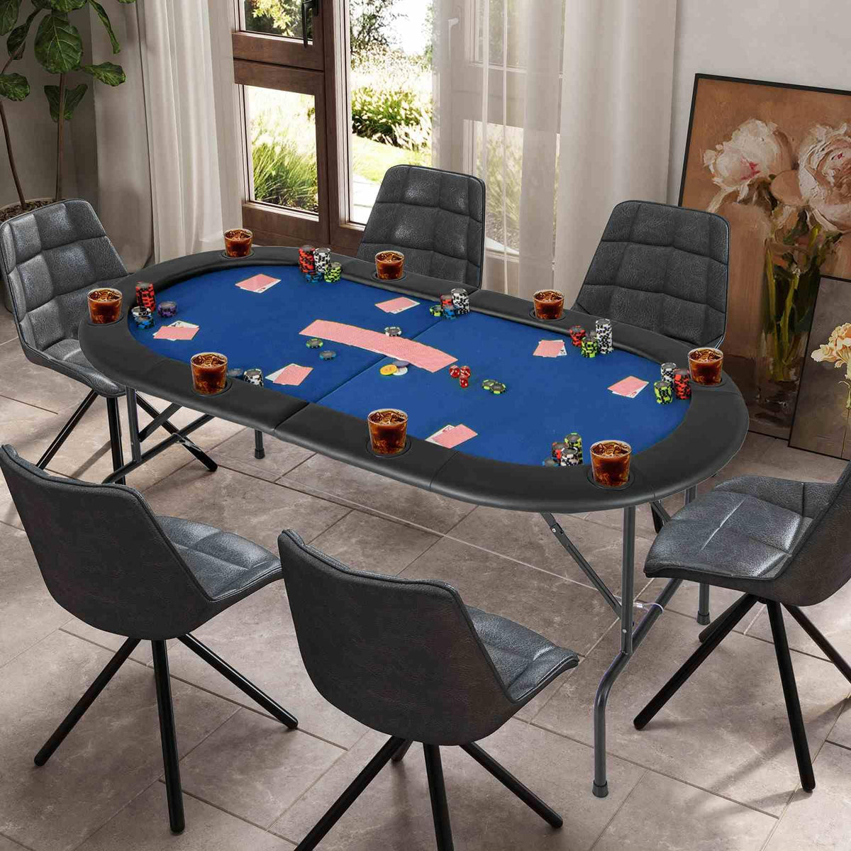 8 Players Poker Table, Folding Cardboard Game Table w/8 Cup Holders