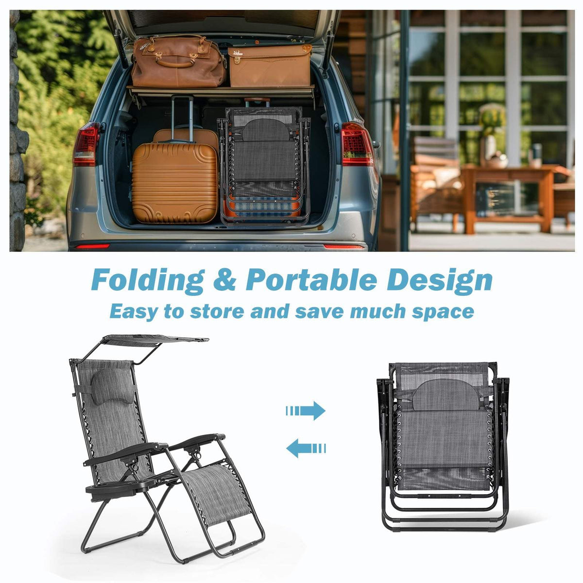 Large Folding Recliner with Awning and Headrest
