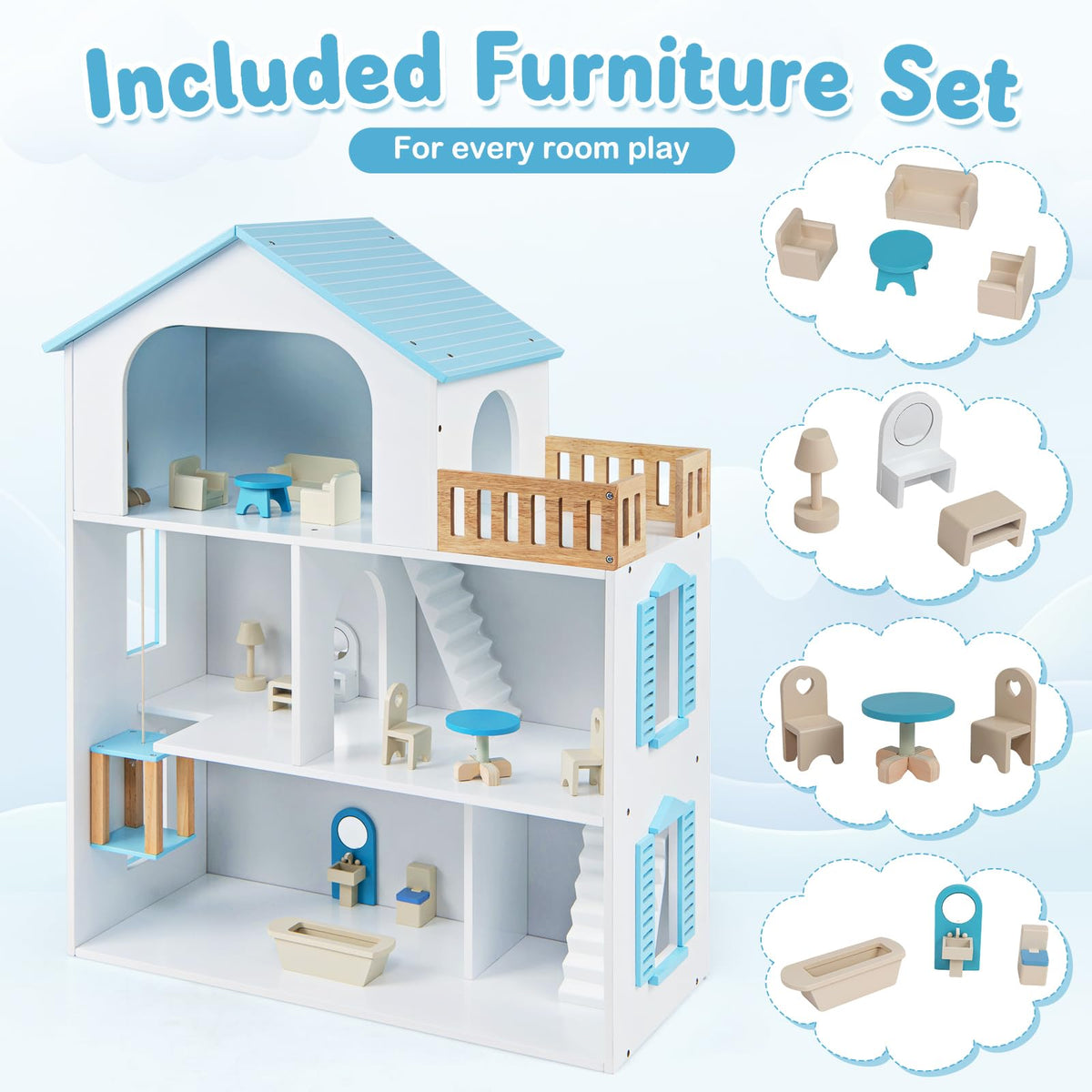3-Story Wooden Dollhouse Playset for Kids