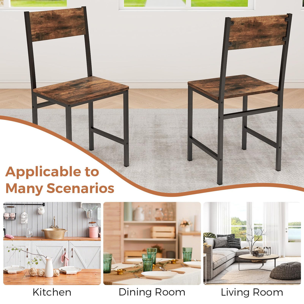 Dining Chairs Set of 2/4, Rustic Wood & Metal Frame