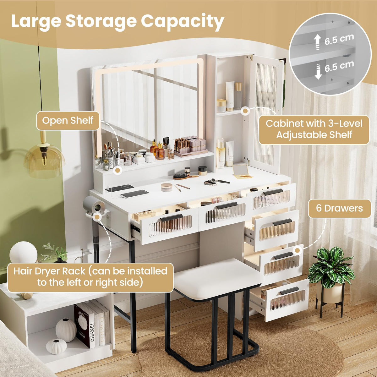 Giantex Makeup Vanity Table with Mirror and Lights, Dressing Table and Stool Set with Charging Station