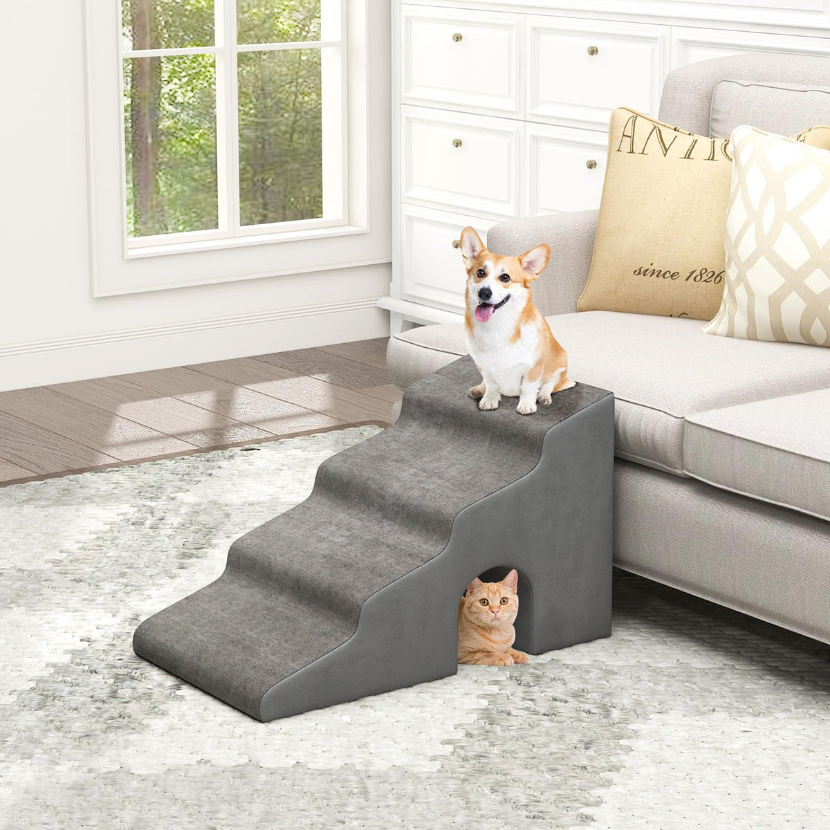 4-Tier High Density Foam Dog Ramps, Extra Wide Pet Stairs with Non-slip Bottom for High Beds & Couches