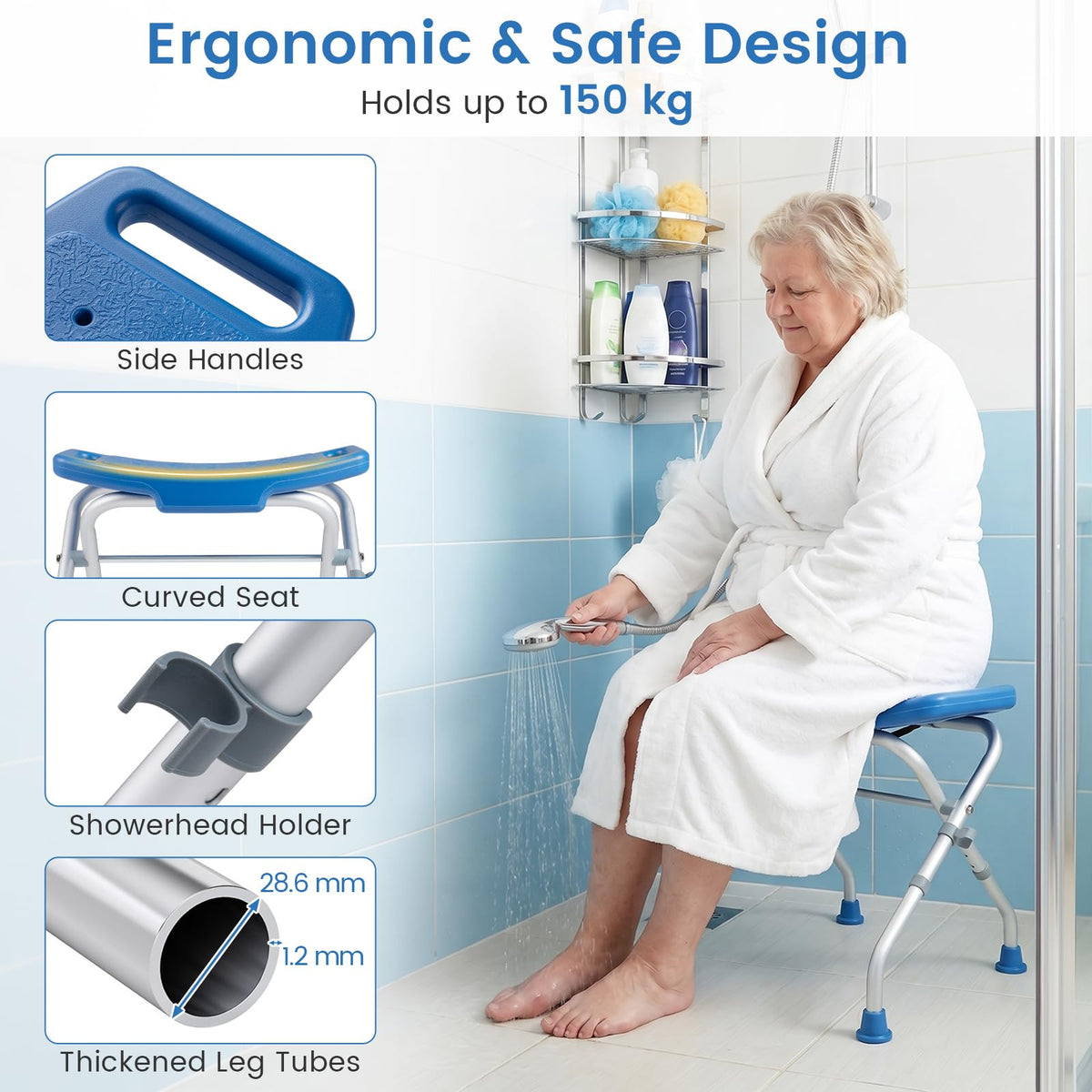 Folding Shower Chair, Aluminum Alloy Shower Seat for Inside Shower and Bath Tub