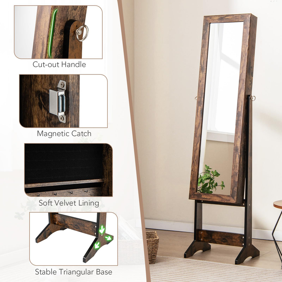 Mirror Jewelry Cabinet Standing with 4 Shelves and 3 Adjustable Tilt Angles