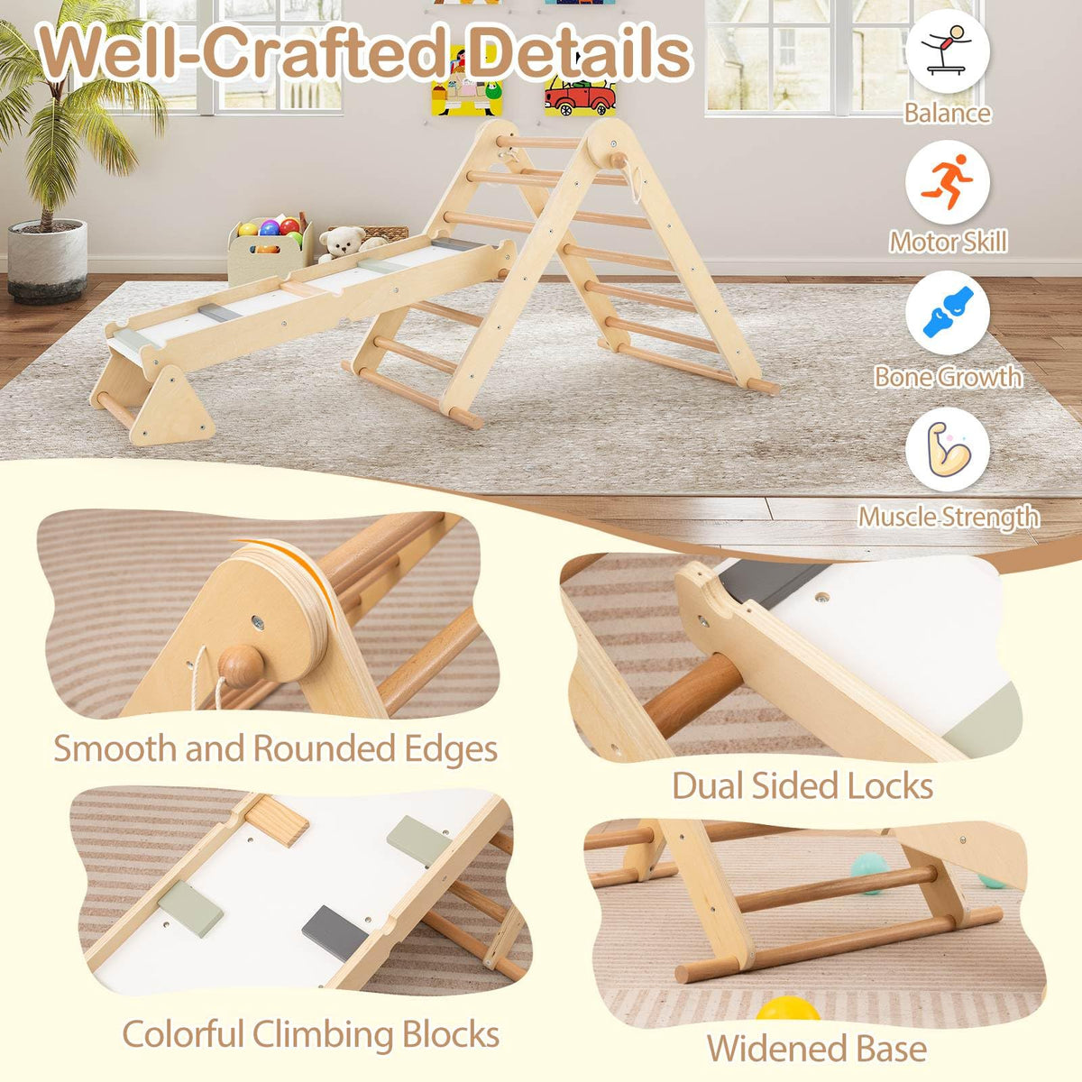 3-in-1 Pikler Triangle Climbing Set with Dual-Side Ramp and Adjustable Climbing Triangle