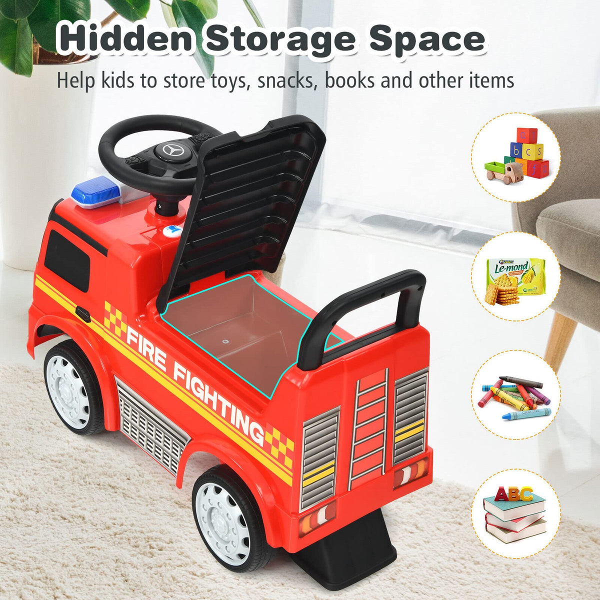 Kids Ride On Car, Benz Licensed Fire Engine w/Storage Space, Steering Wheel, Backrest