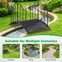 Garden Metal Bridge with Handrails, Outdoor Arched Bridge w/Dual Patterned Side Rails