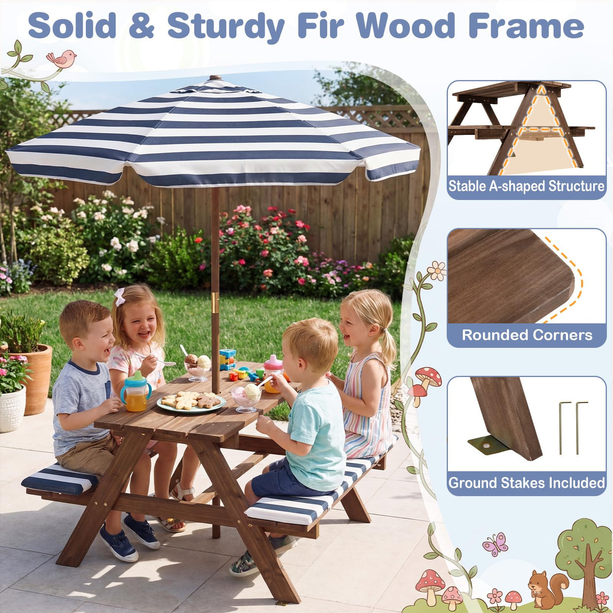 Kids Picnic Table with Bench, Fir Wood Toddler Outdoor Table Set
