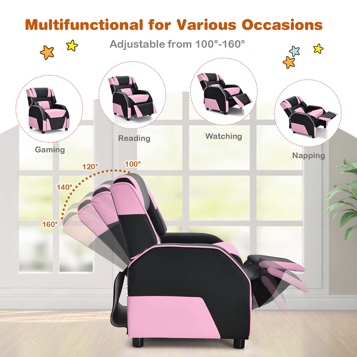 Kids Recliner Chair, Adjustable Recliner Sofa w/Footrest, Headrest & Lumbar Support, w/ Padded Seat, Pink & Black