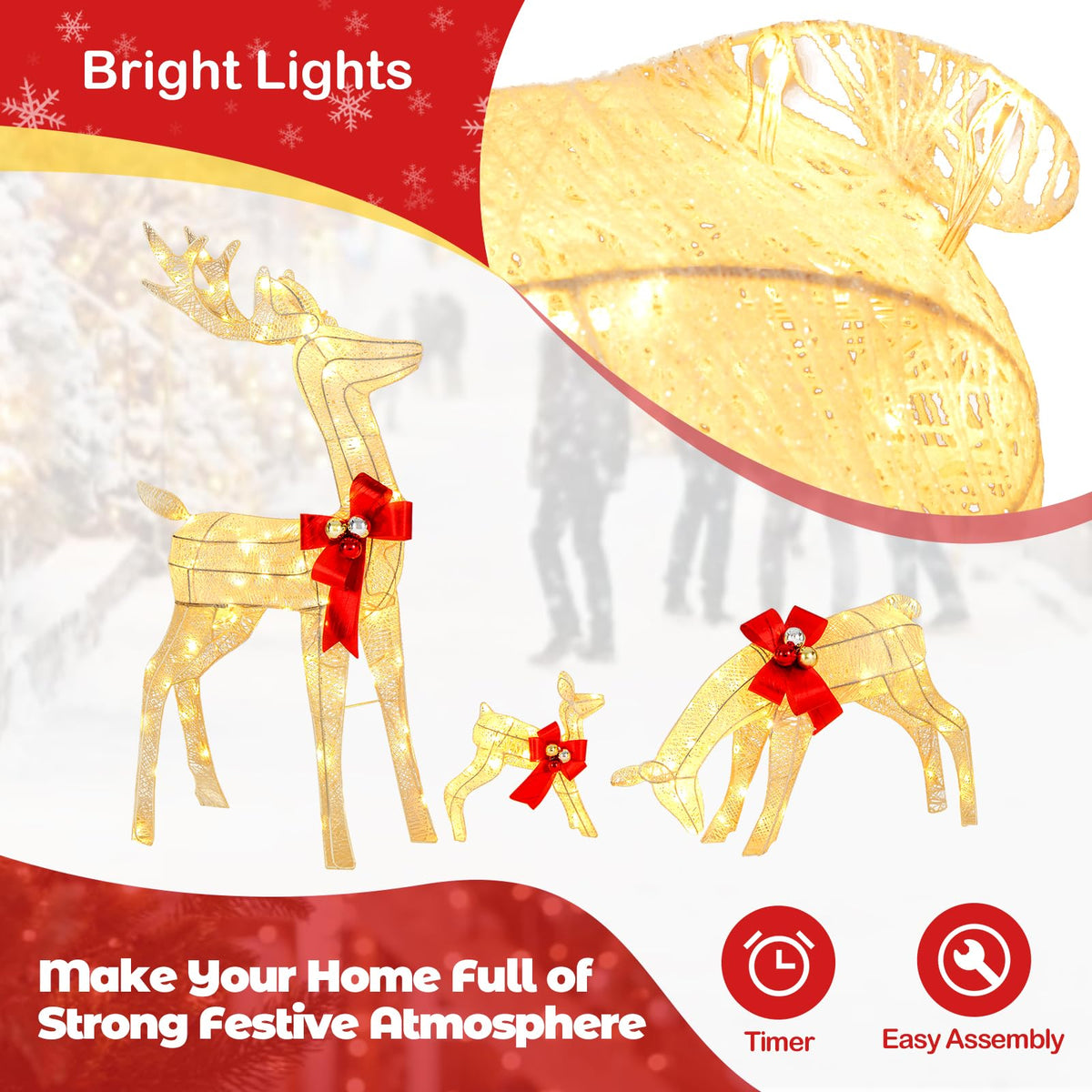 3 Pieces Lighted Reindeer Family Set, Pre-lit Christmas Decoration w/ 230 LED Lights, Stakes