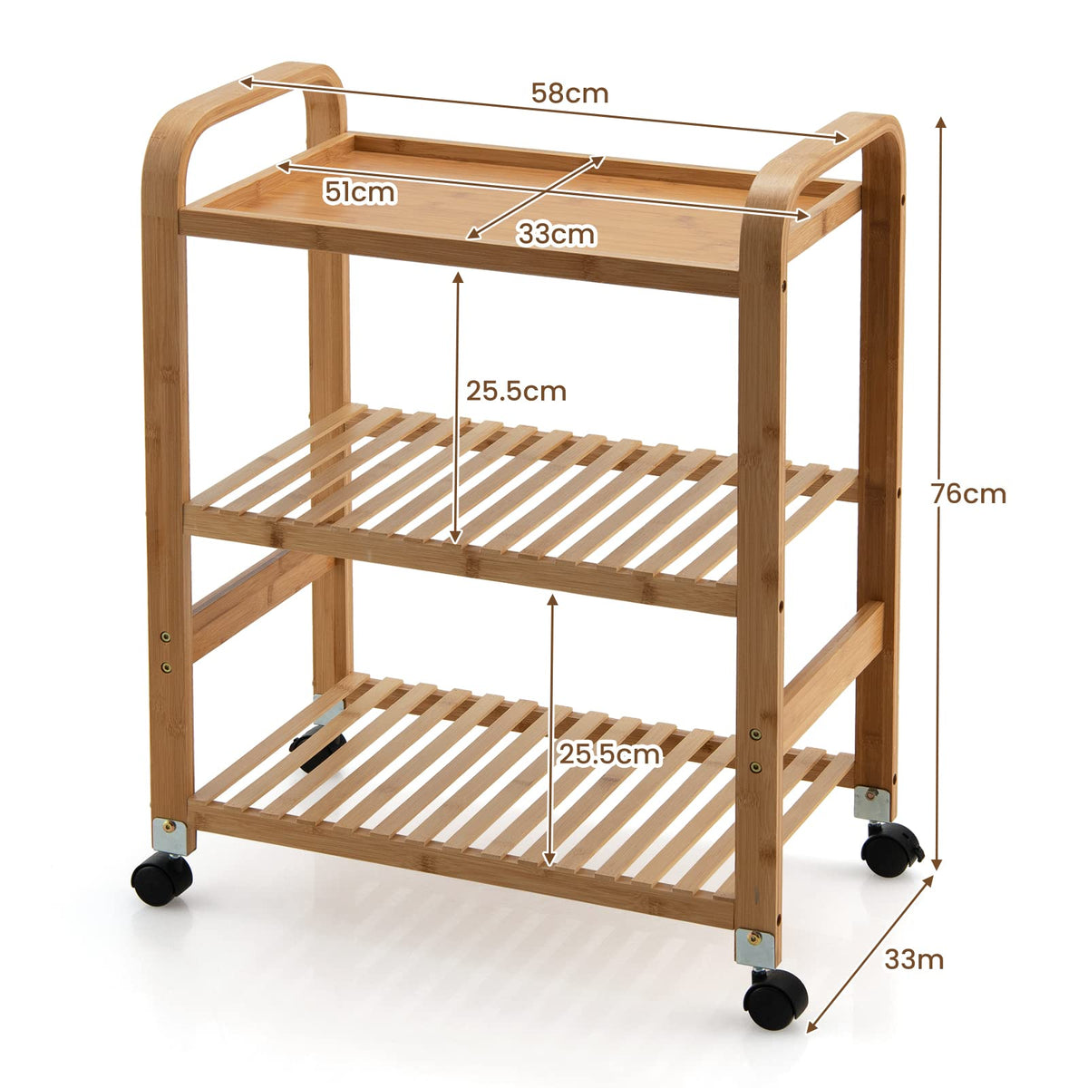 Giantex 3-Tier Bamboo Rolling Storage Cart, Kitchen Serving Storage Trolley Organizer with Locking Casters