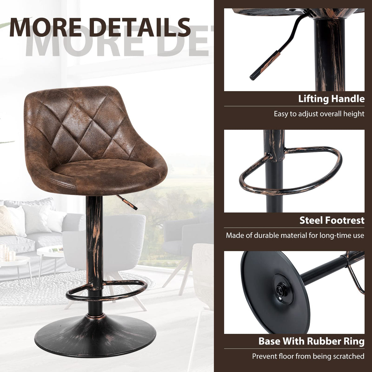 Giantex Leather Bar Stool Set of 2, Height Adjustable Counter Stool w/ Backrest & Footrest, Retro Brown