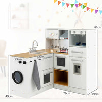 Wooden Pretend Play Kitchen & Washing Machine Toy Set w/Realistic Light & Sound