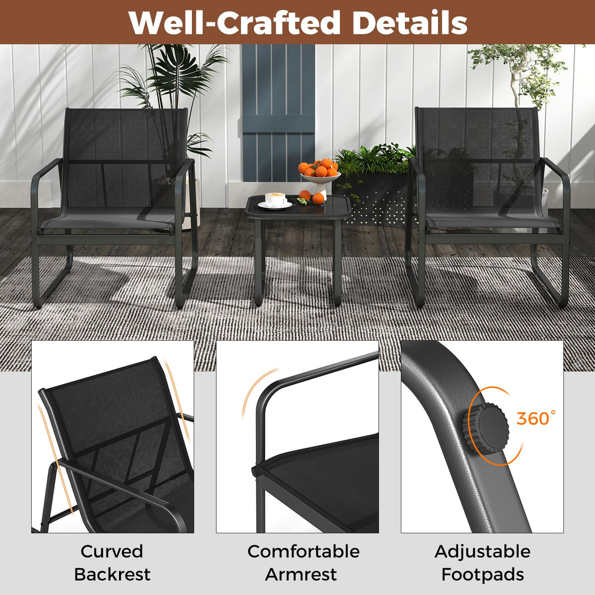 3 Pieces Patio Conversation Set Outdoor Metal Chair and Table Set Breathable Fabric