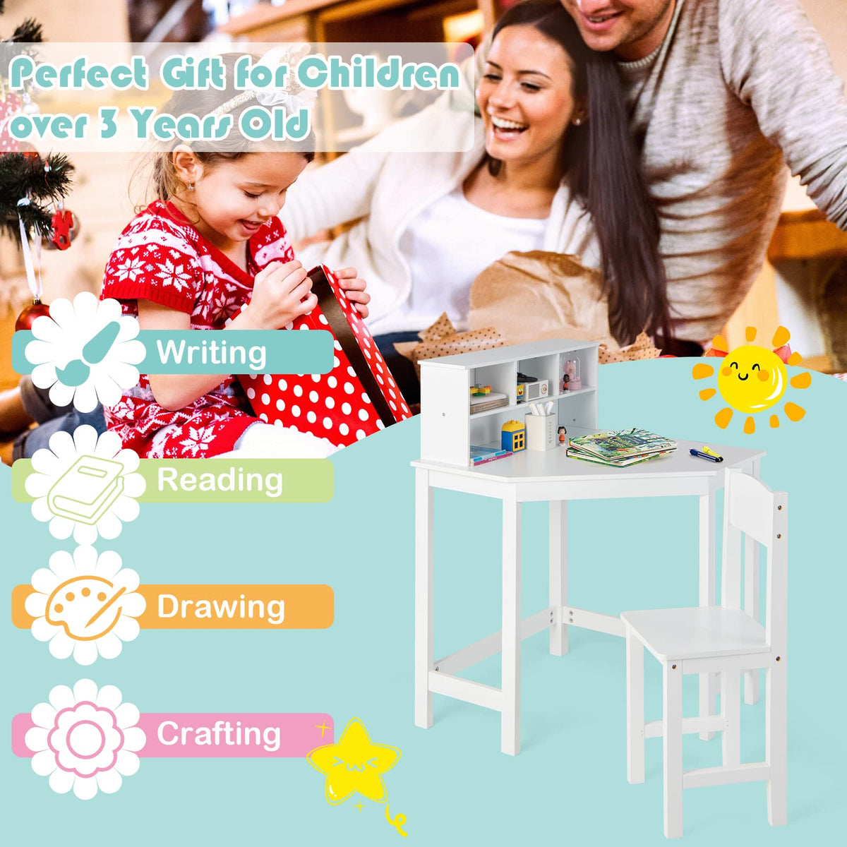 Kids Table and Chairs Set, Corner Study Desk and Chair for Children w/3 Open Compartments