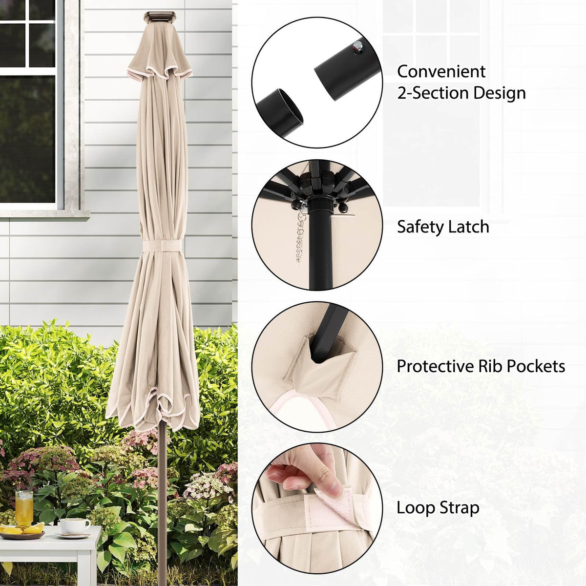 3m Solar Patio Umbrella with 24 LED Lights Vented Top and Ruffles