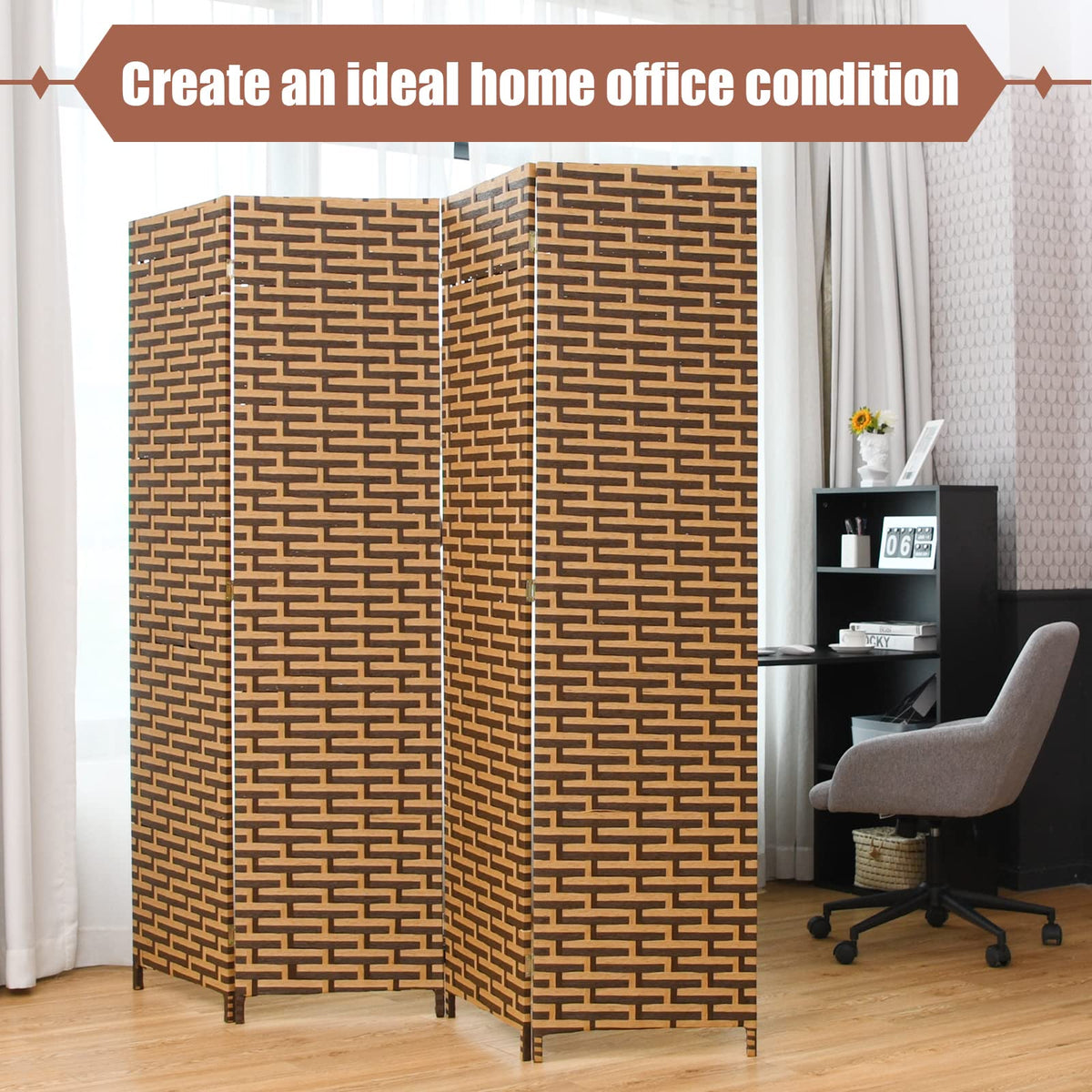 6Ft Panel Screen Room Divider, 4-Panel Woven Wall Divider, 1.8M Tall Folding Wooden Partition Stand