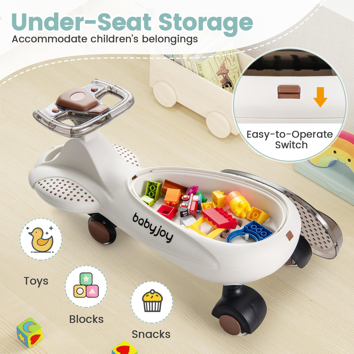 Wiggle Car with Hauling Rope, Ride on Car with Under-Seat Storage