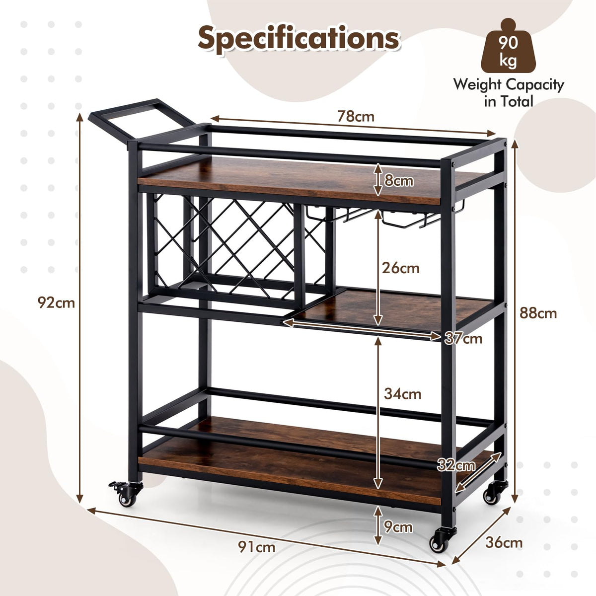 Giantex 3-Tier Bar Cart on Wheels Serving Cart w/Wine Rack & Glasses Holder