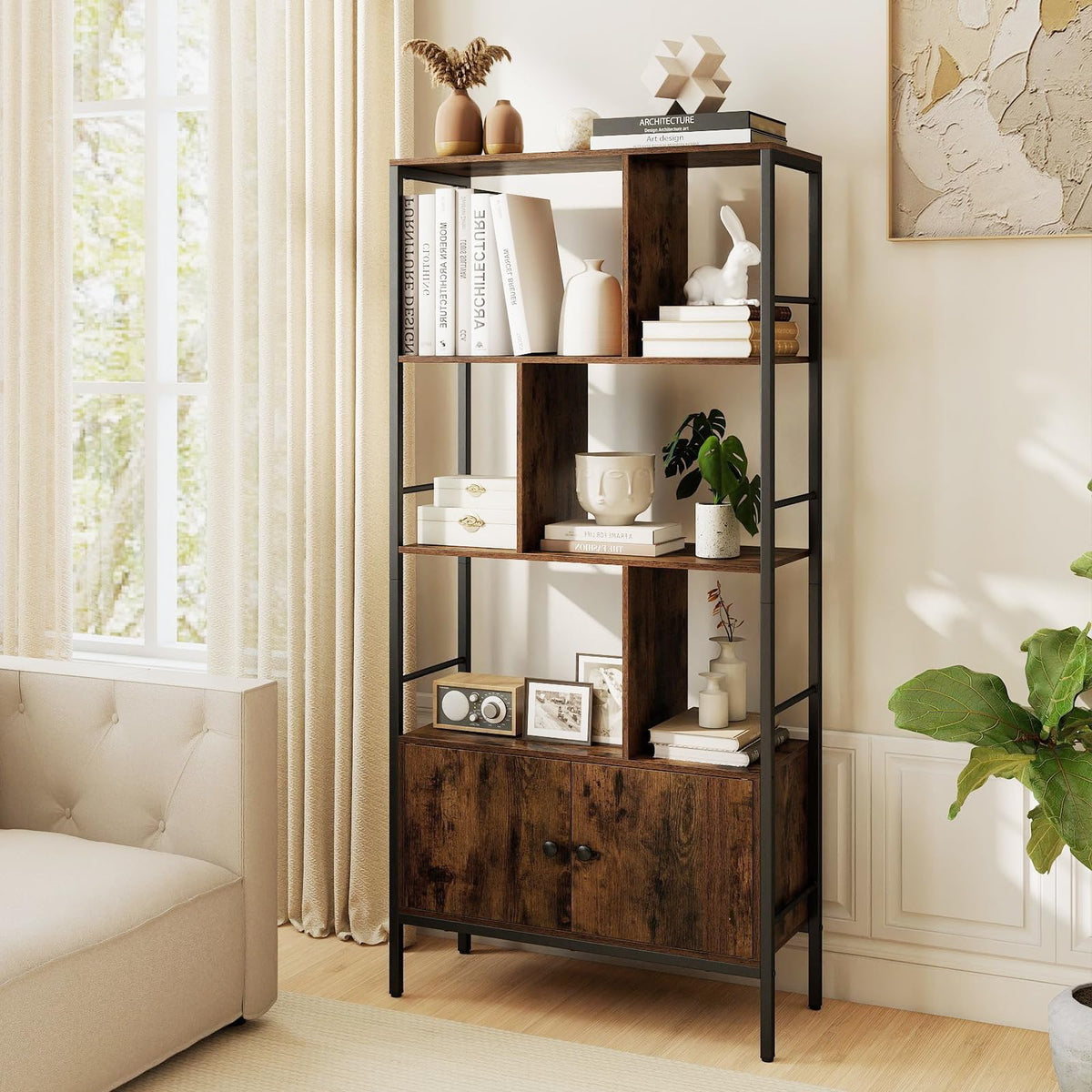 Industrial Tall Bookshelf with 3-Tier Shelves and 2-Door Cabinet for Living Room