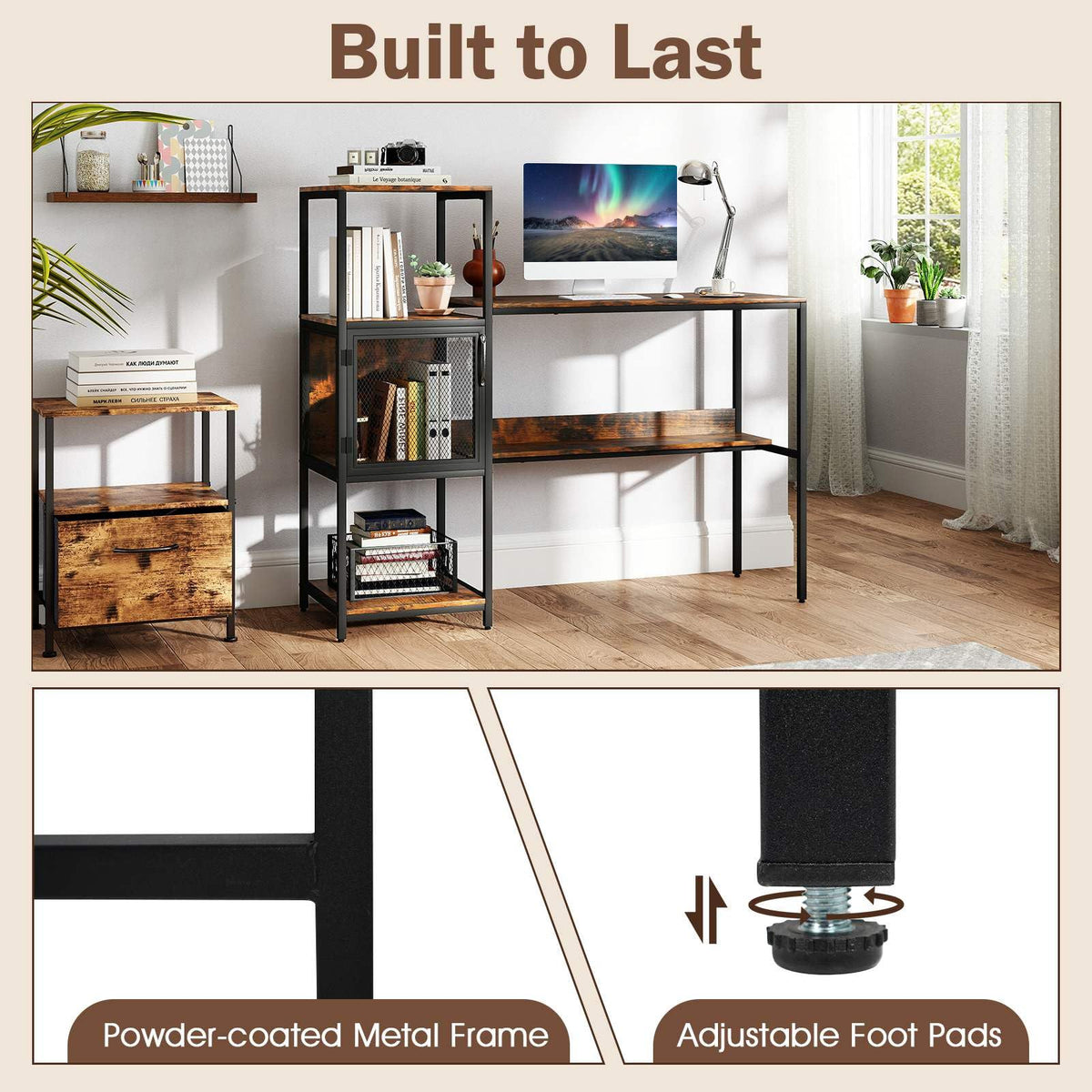 Home Office Desk with Storage Cabinet & Shelves
