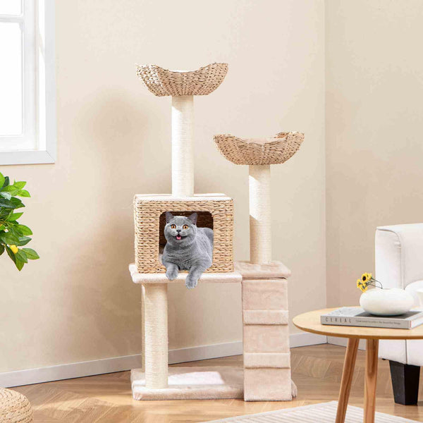 122cm Cattail Cat Tower w/Sisal Scratching Posts, Condo, Basket Bed