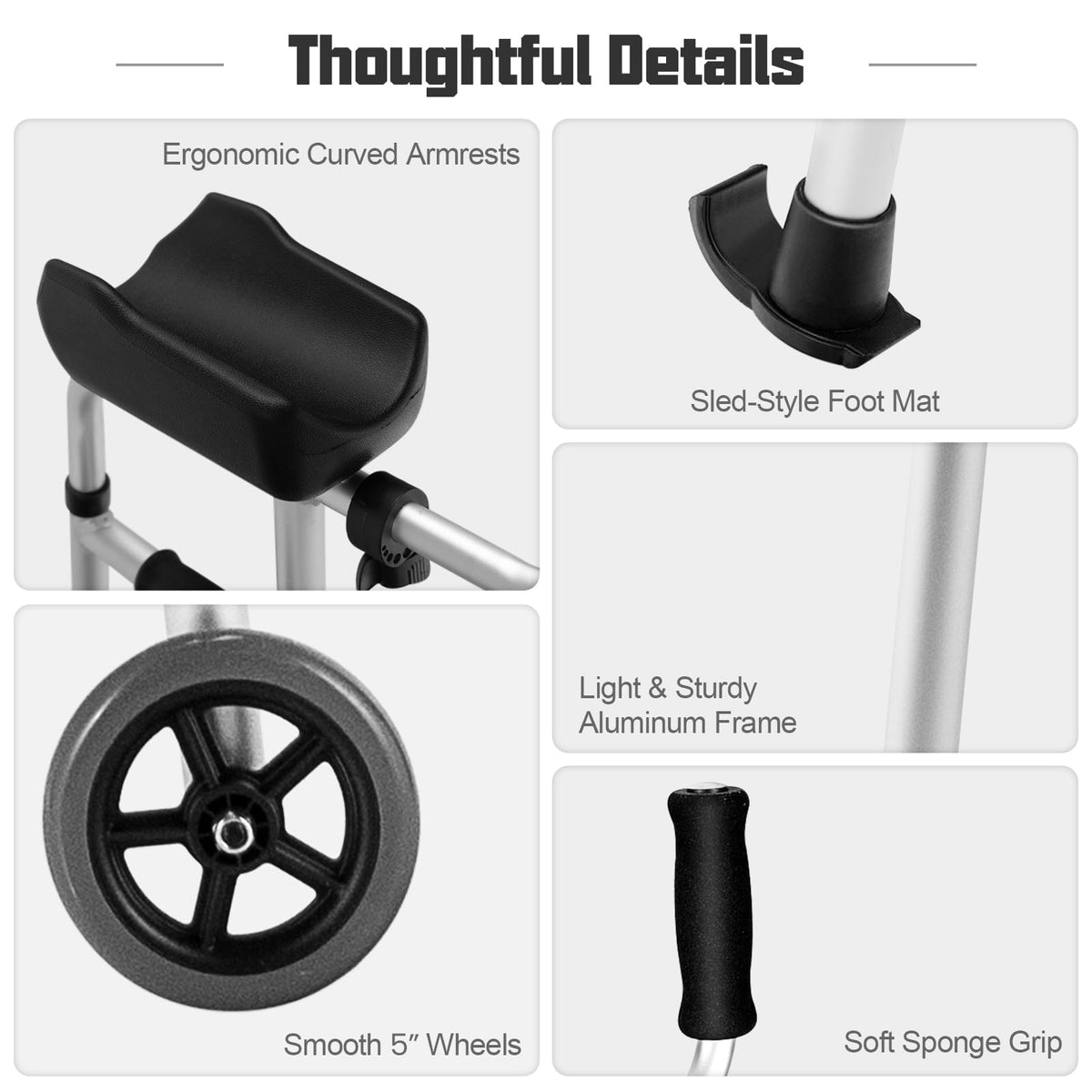 Folding Upright Walker with Seat Wheels and Removable Arm Support