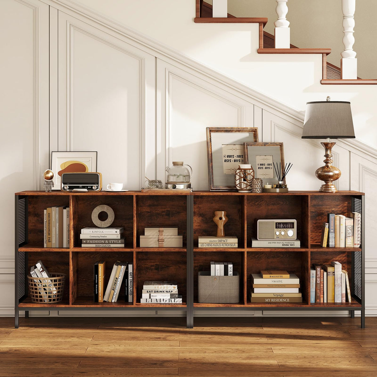 6 Cube Bookcase 110cm Wide Horizontal Bookshelf with Heavy-Duty Metal Frame