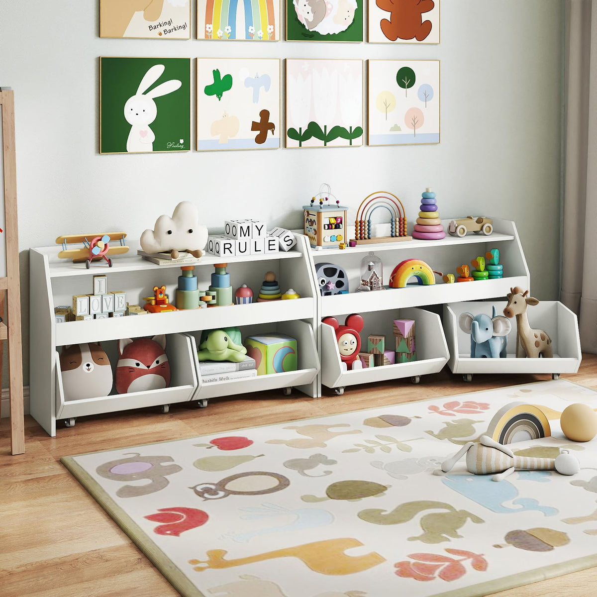 Kids Toy Storage Box, Children Wooden Bookcase with 2 Movable Drawers