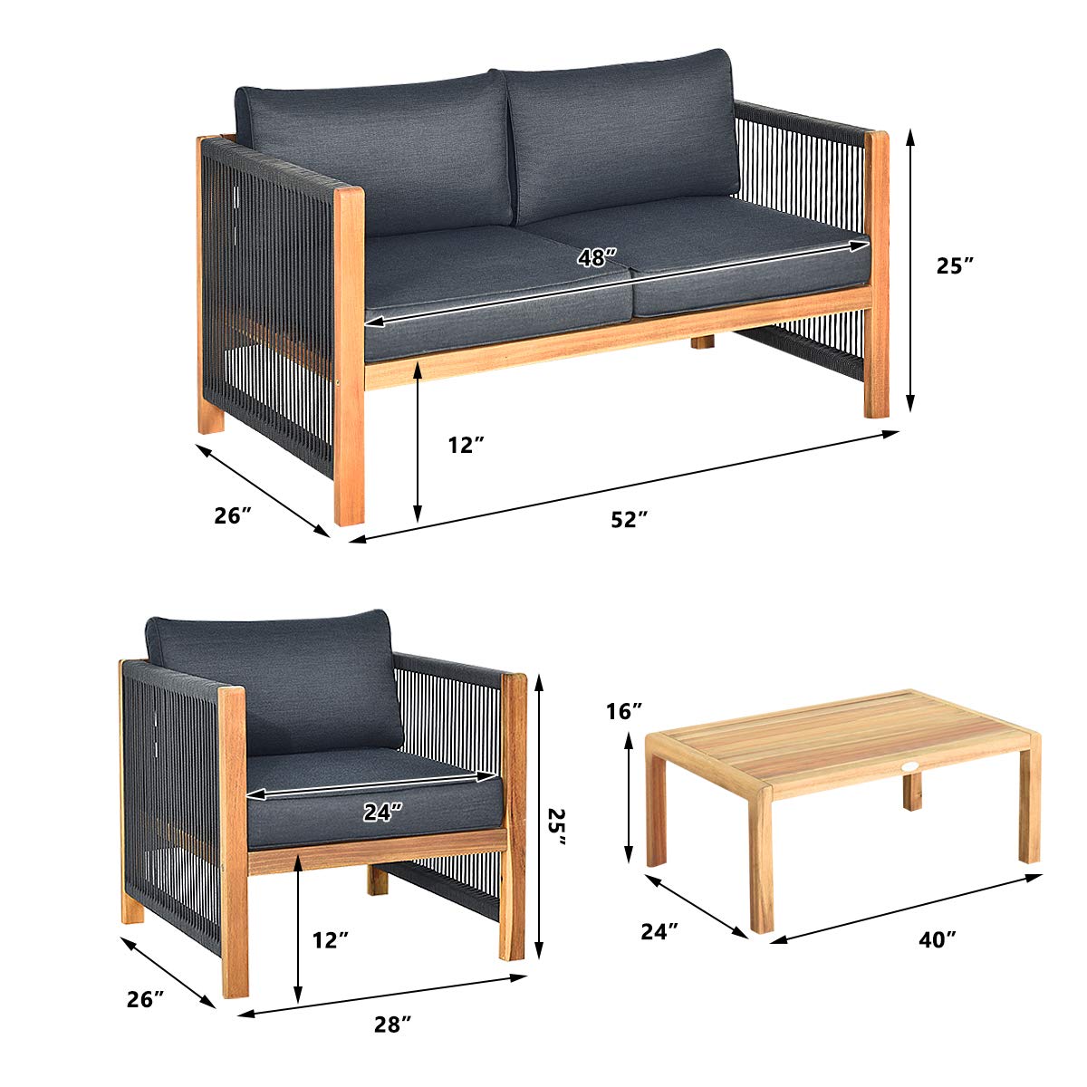 4 Pieces Acacia Wood Patio Conversation Set with Armrest