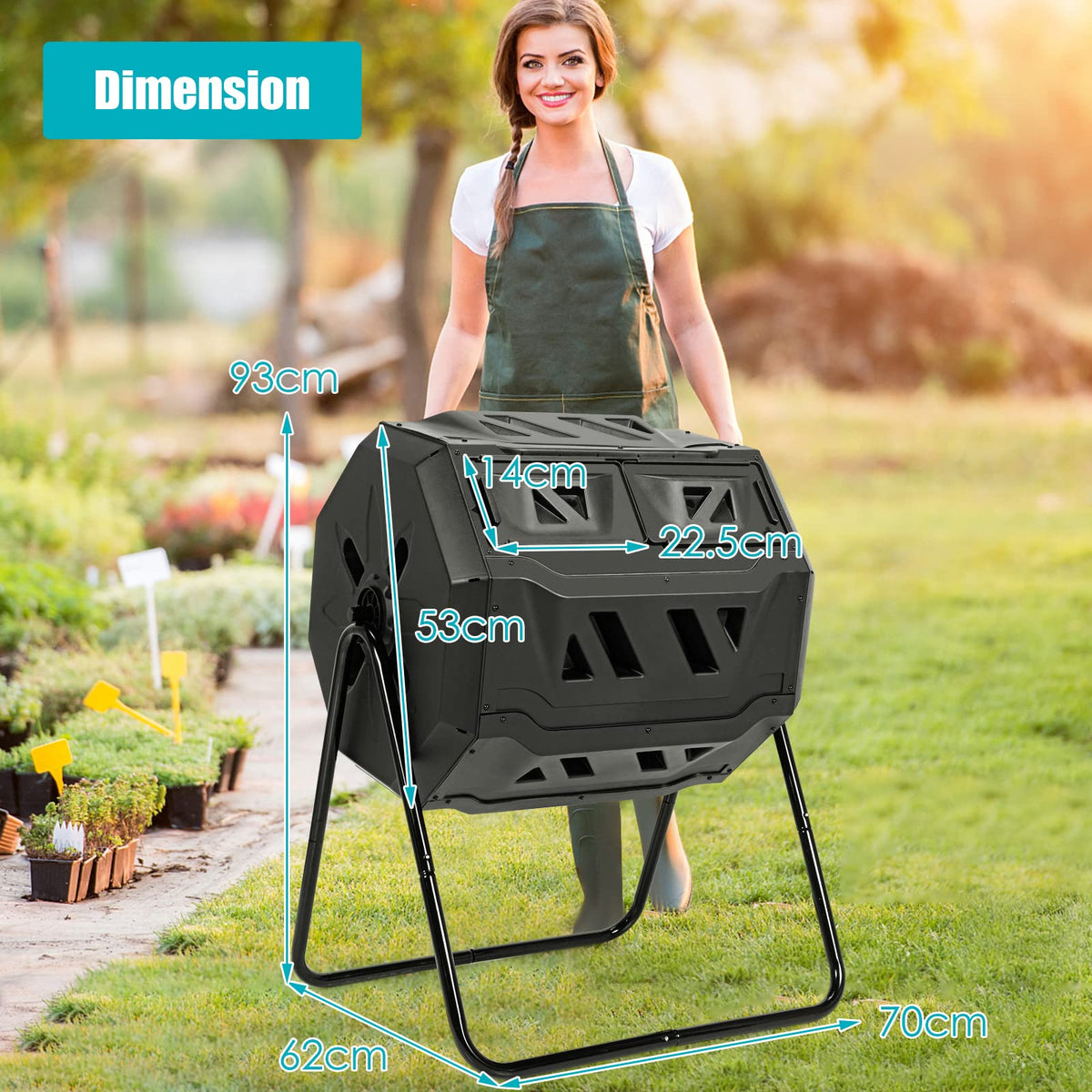 Outdoor Tumbling Composter, 160 L Portable Garden Compost Bin W/Dual Chamber, 2 Sliding Doors & Solid Steel Frame