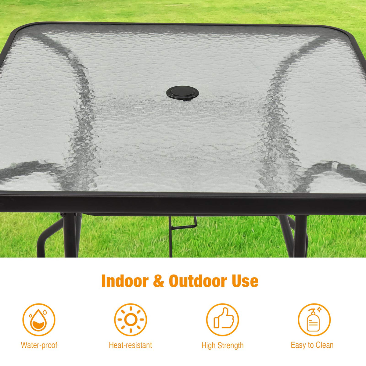 Patio Table, Rectangle Metal Coffee/Tea Table with Tempered Glass Top and Umbrella Hole