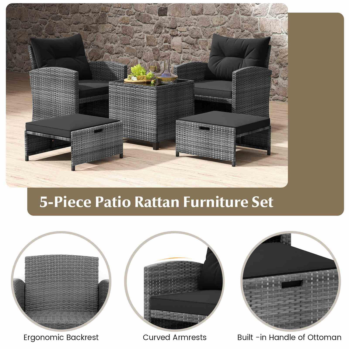 Outdoor 5 Piece Patio Rattan Furniture Setting for Poolside Backyard Lawn & Deck