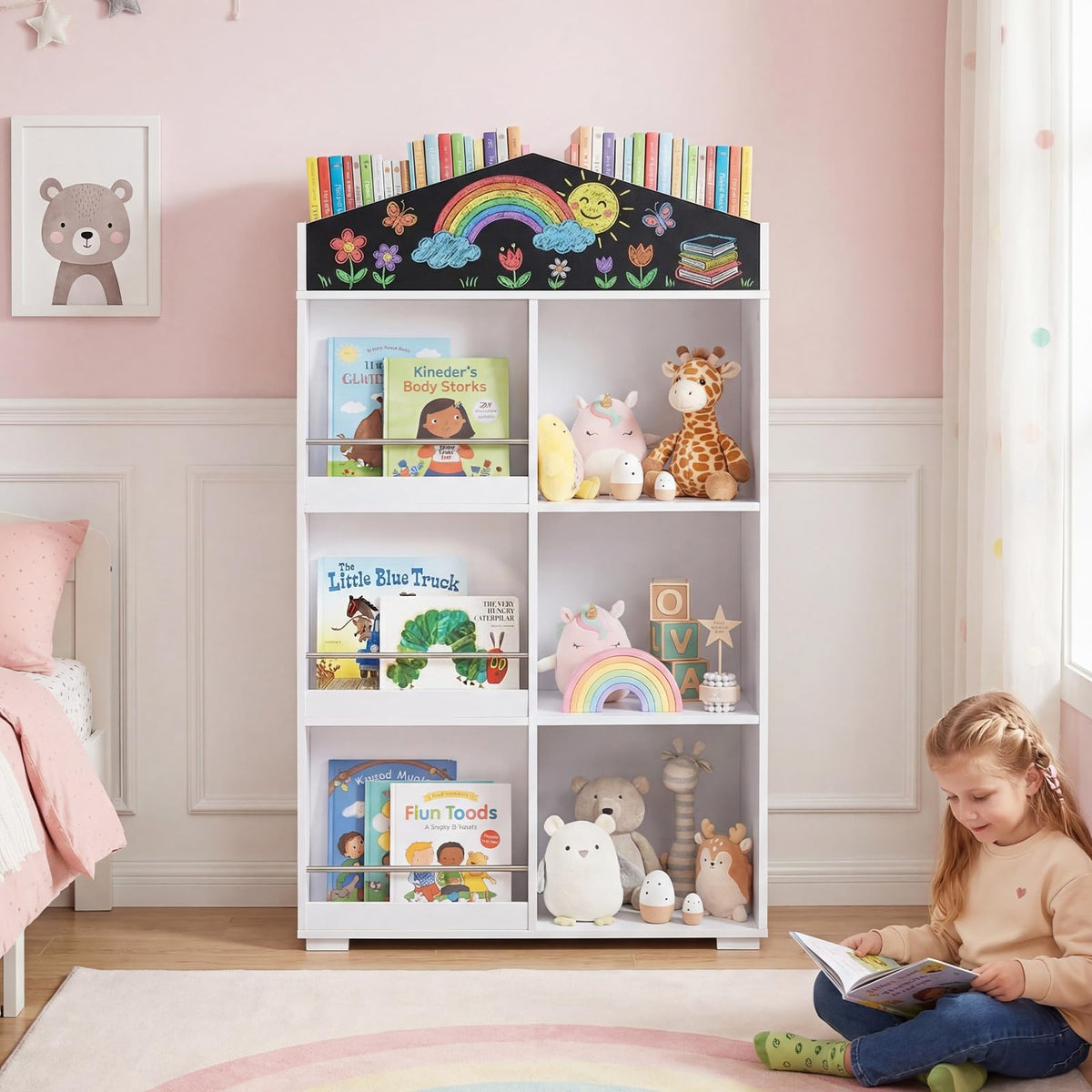 House Shaped Kids Bookshelf, Toy Storage Organizer w/Compartments & Chalkboard