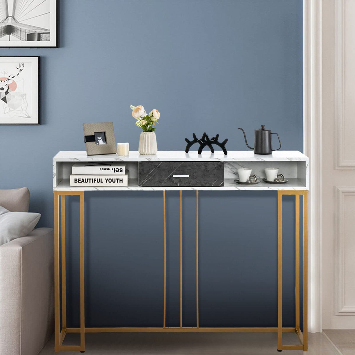 Giantex 2-Tier Faux Marble Console Table, Sofa Side Table w/Golden Steel Frame & Drawer, White