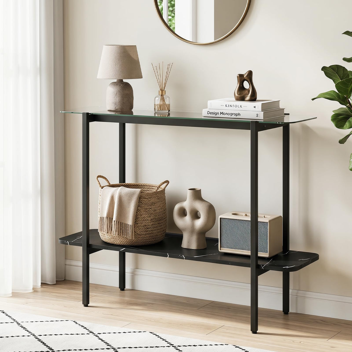 100cm Console Table with Storage Shelf and Tempered Glass Top for Hallway