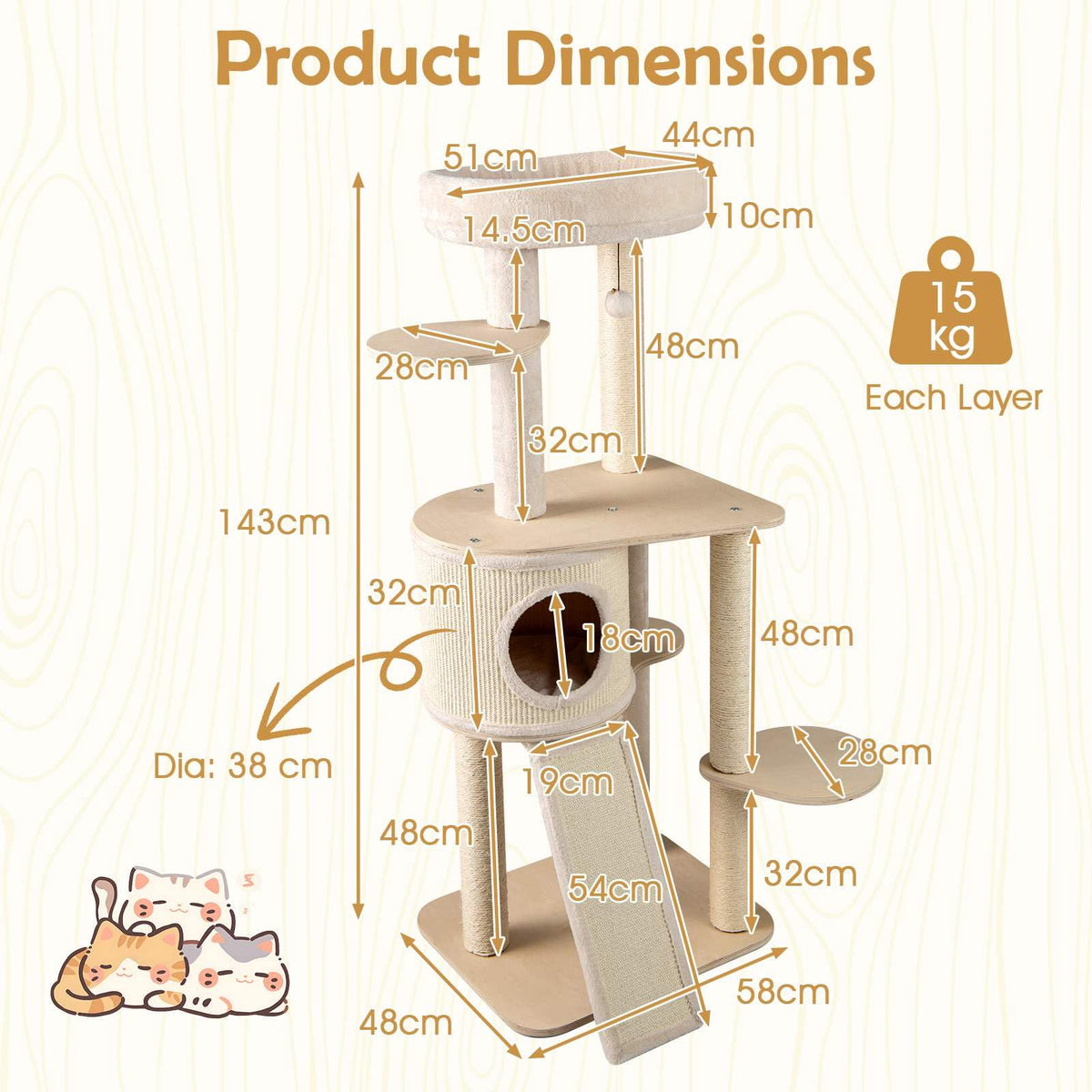 143 CM Tall Cat Tree with Sisal Scratching Posts and Condo