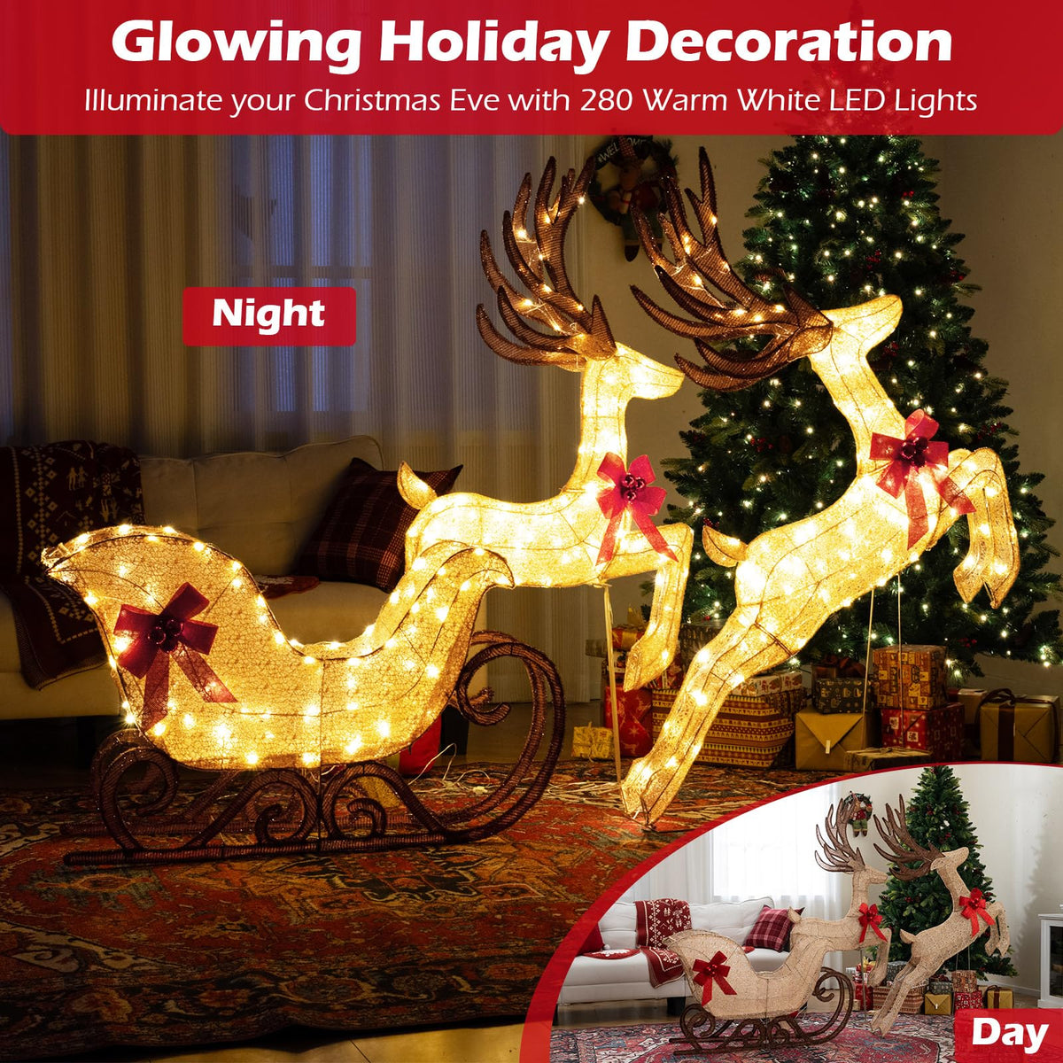 3-Piece Christmas Lighted Reindeer & Sleigh Set, Lighted Xmas Deer Decoration