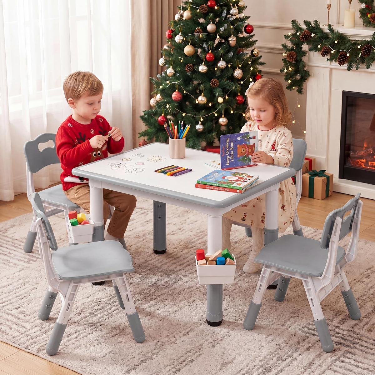 Kids Table and 4 Chairs Set, Height Adjustable Toddler Desk and Chair Set