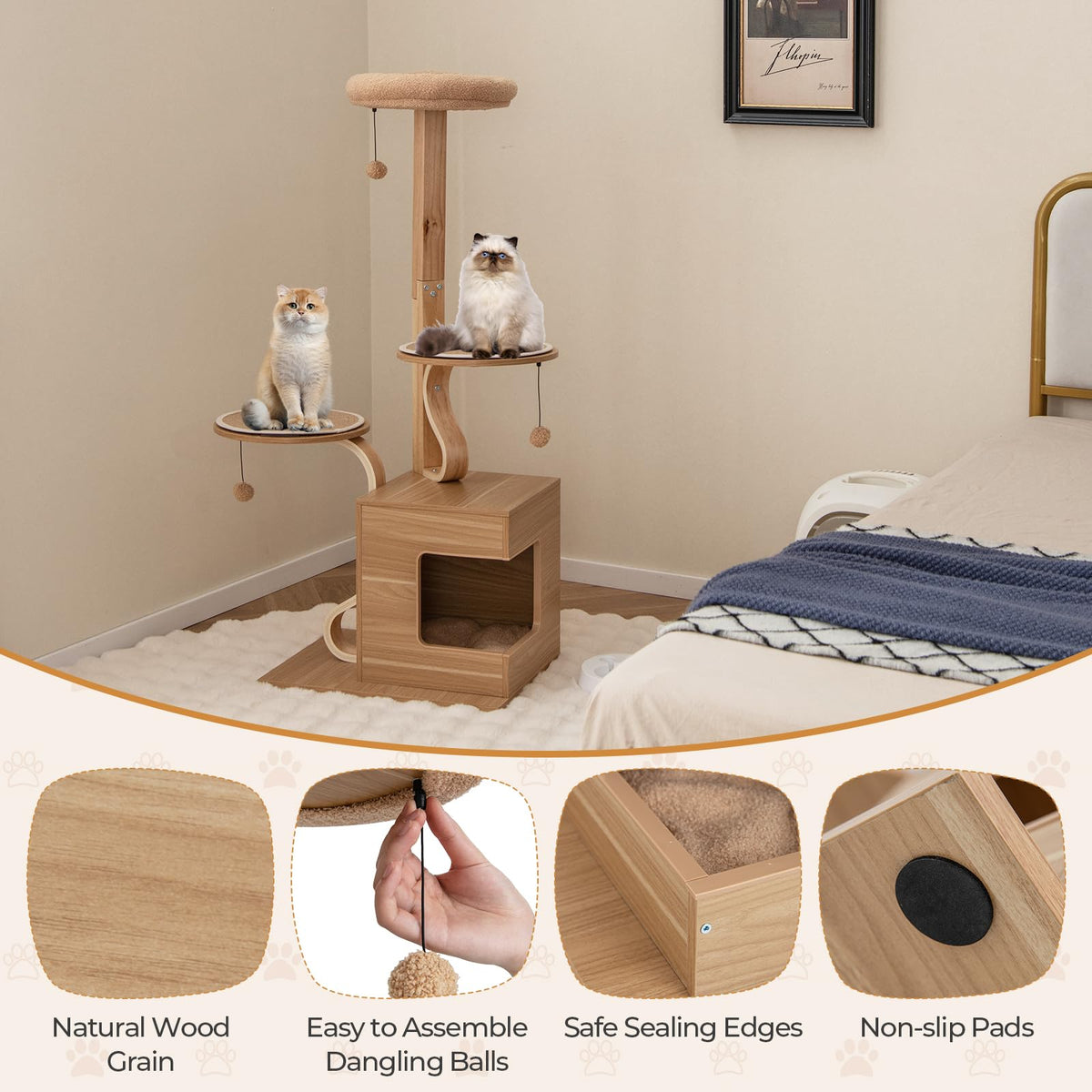 Wooden Cat Tree, 1.3 M Tall Cat Tower w/Cat Condo, Plush Top Perch