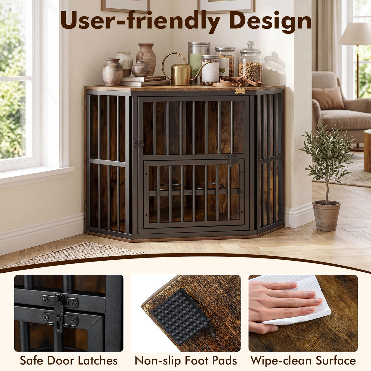 Corner Dog Crate 2-in-1 Kennel and TV Stand with Adjustable Dog Bowl Rack