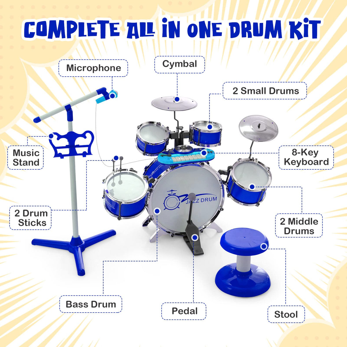 Kids Drum Keyboard Set with Stool & Microphone Stand