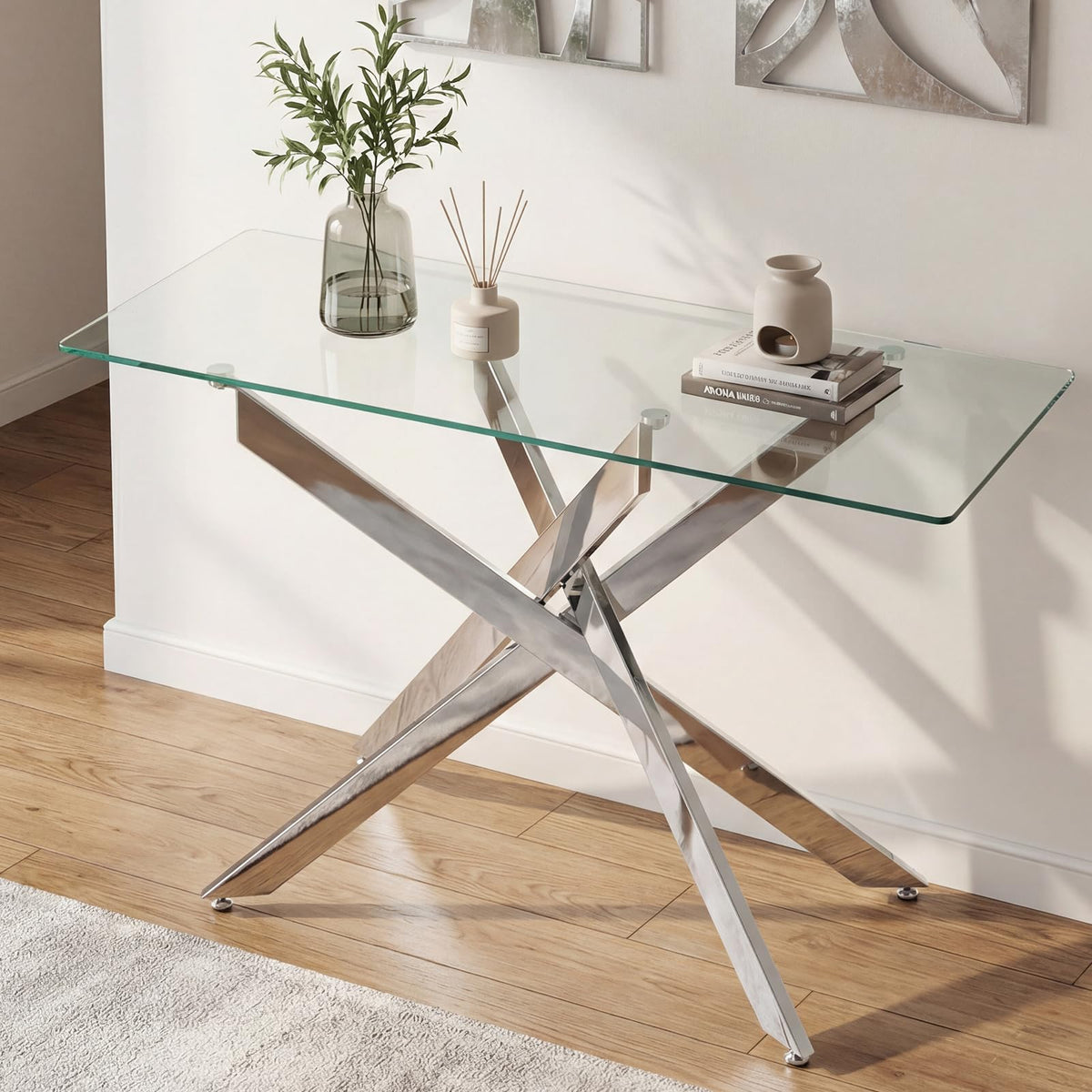 Modern Entryway Table with Clear Tempered Glass Top for Entrance and Living room