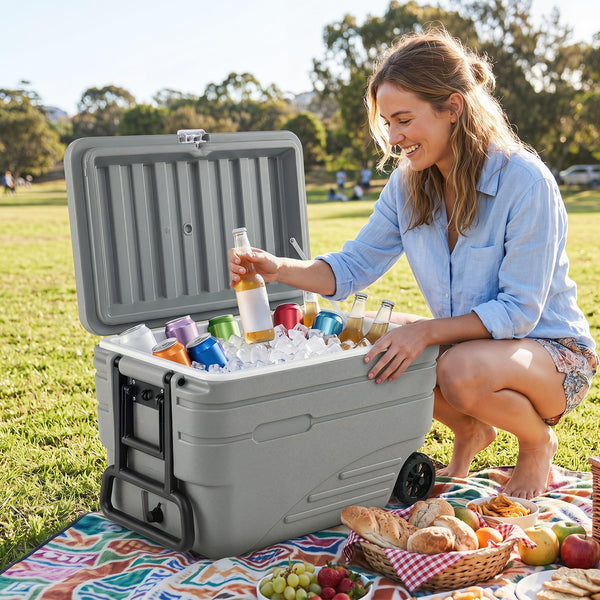 Outdoor Hard Cooler on Wheels 80L for Camping and Picnic with Handles