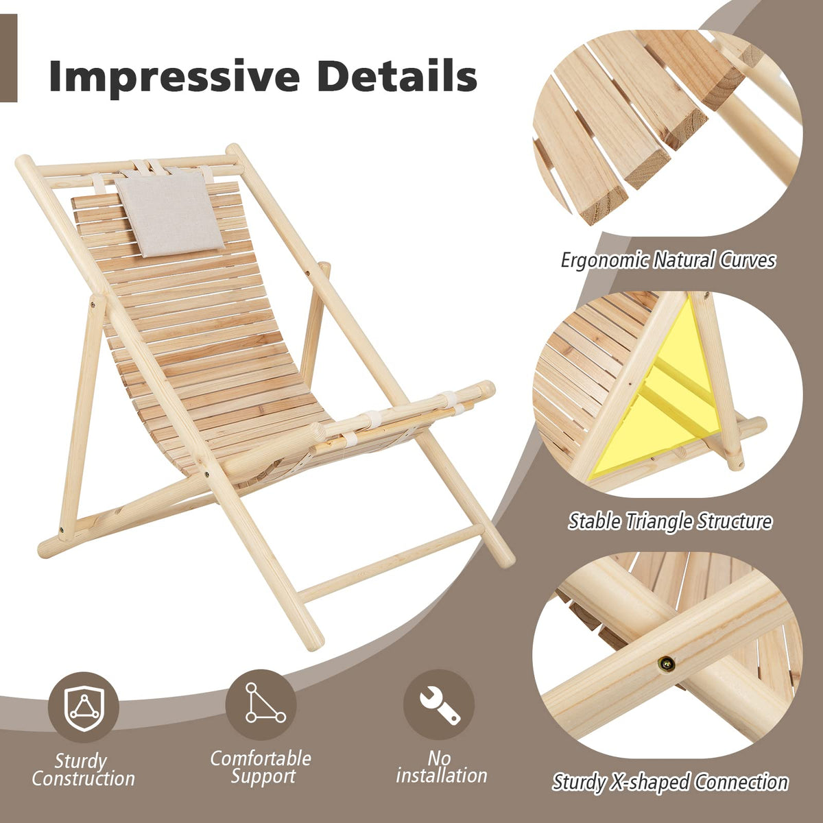 Outdoor Folding Sling Chair, Solid Fir Wood Lounge Chair with 3-Level Adjustable Backrest and Soft Padded Headrest