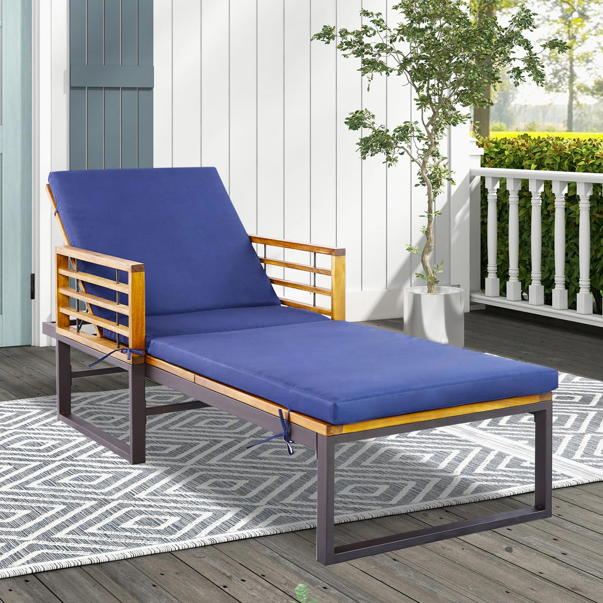 Patio Chaise Lounge Chair with Acacia Wood with Armrests for Poolside